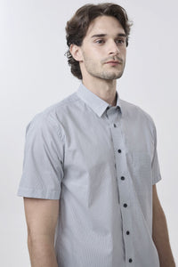 Multi Grey Mini Neat Geometric Short Sleeve No-Iron Cotton Sport Shirt with Hidden Button Down Collar by Leo Chevalier
