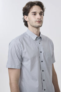 Multi Grey Mini Neat Geometric Short Sleeve No-Iron Cotton Sport Shirt with Hidden Button Down Collar by Leo Chevalier