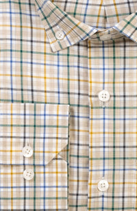 Organic Cotton Mélange Plaid Long Sleeve Sport Shirt with Button Down Collar in Khaki by Scott Barber