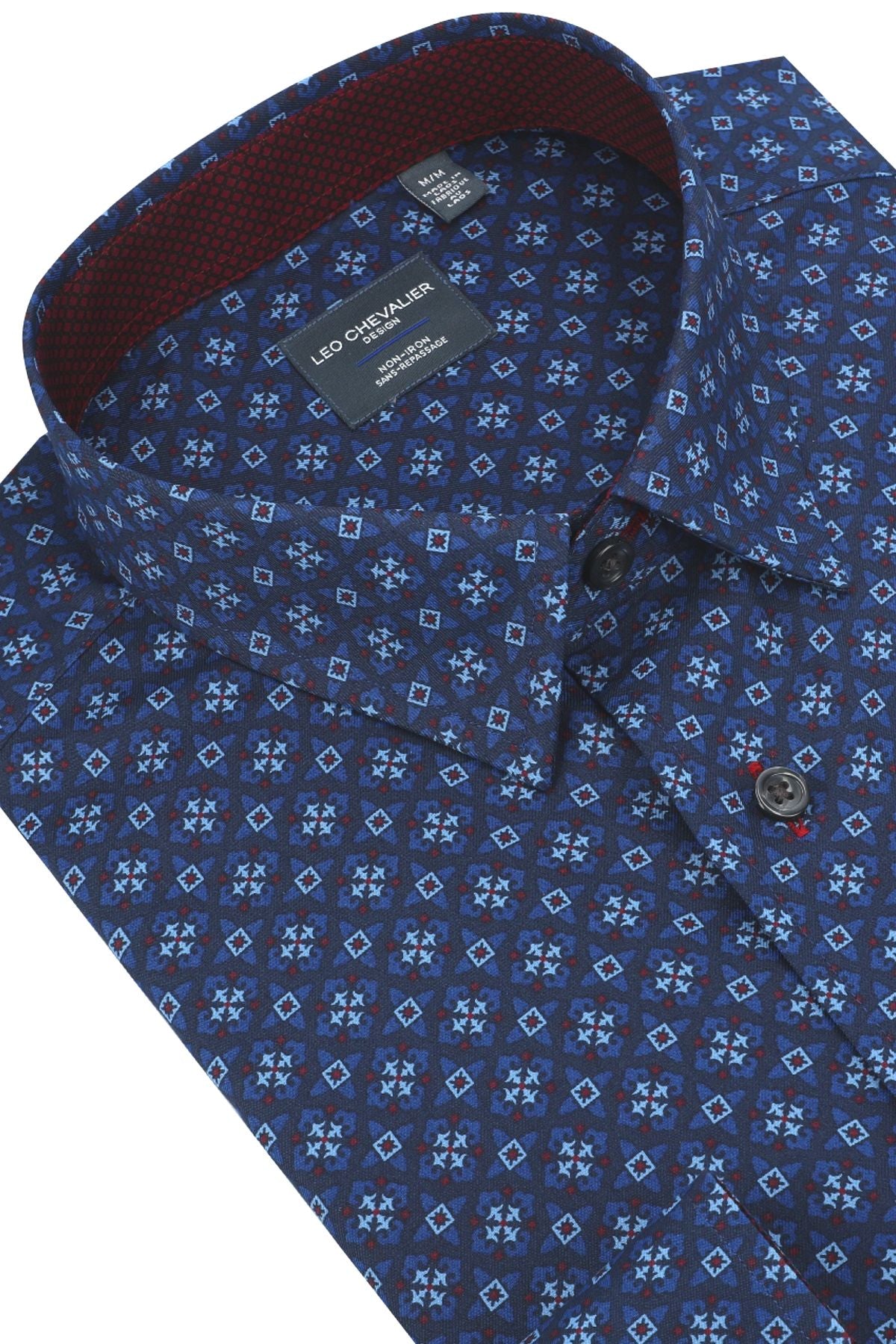 Multi Blue and Wine Geometric Cotton Sport Shirt with Hidden Button Down Collar by Leo Chevalier