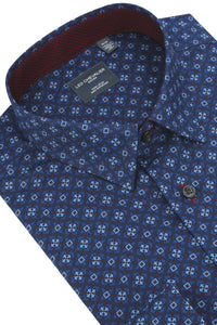 Multi Blue and Wine Geometric Cotton Sport Shirt with Hidden Button Down Collar by Leo Chevalier