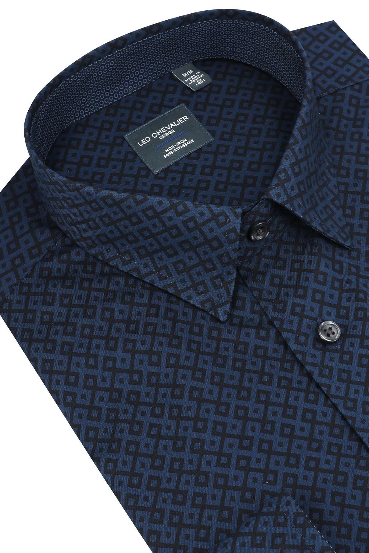 Navy and Blue Geometric Cotton Sport Shirt with Hidden Button Down Collar by Leo Chevalier
