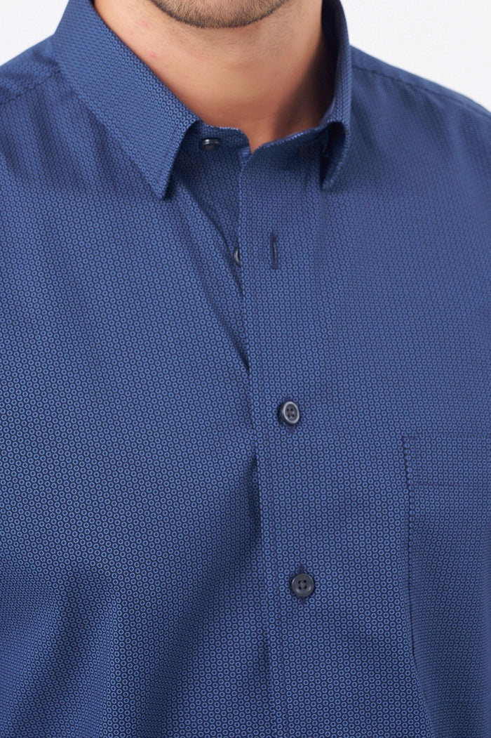 Navy and Blue Printed Circle Cotton Sport Shirt with Hidden Button Down Collar by Leo Chevalier