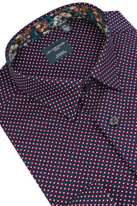 Wine and Navy Dot Print Cotton Sport Shirt with Hidden Button Down Collar by Leo Chevalier