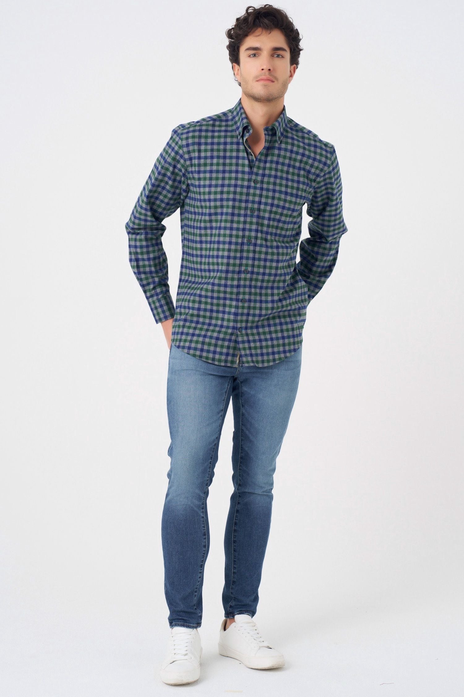 Navy, Green, and Grey Plaid Cotton Sport Shirt with Button Down Collar by Leo Chevalier