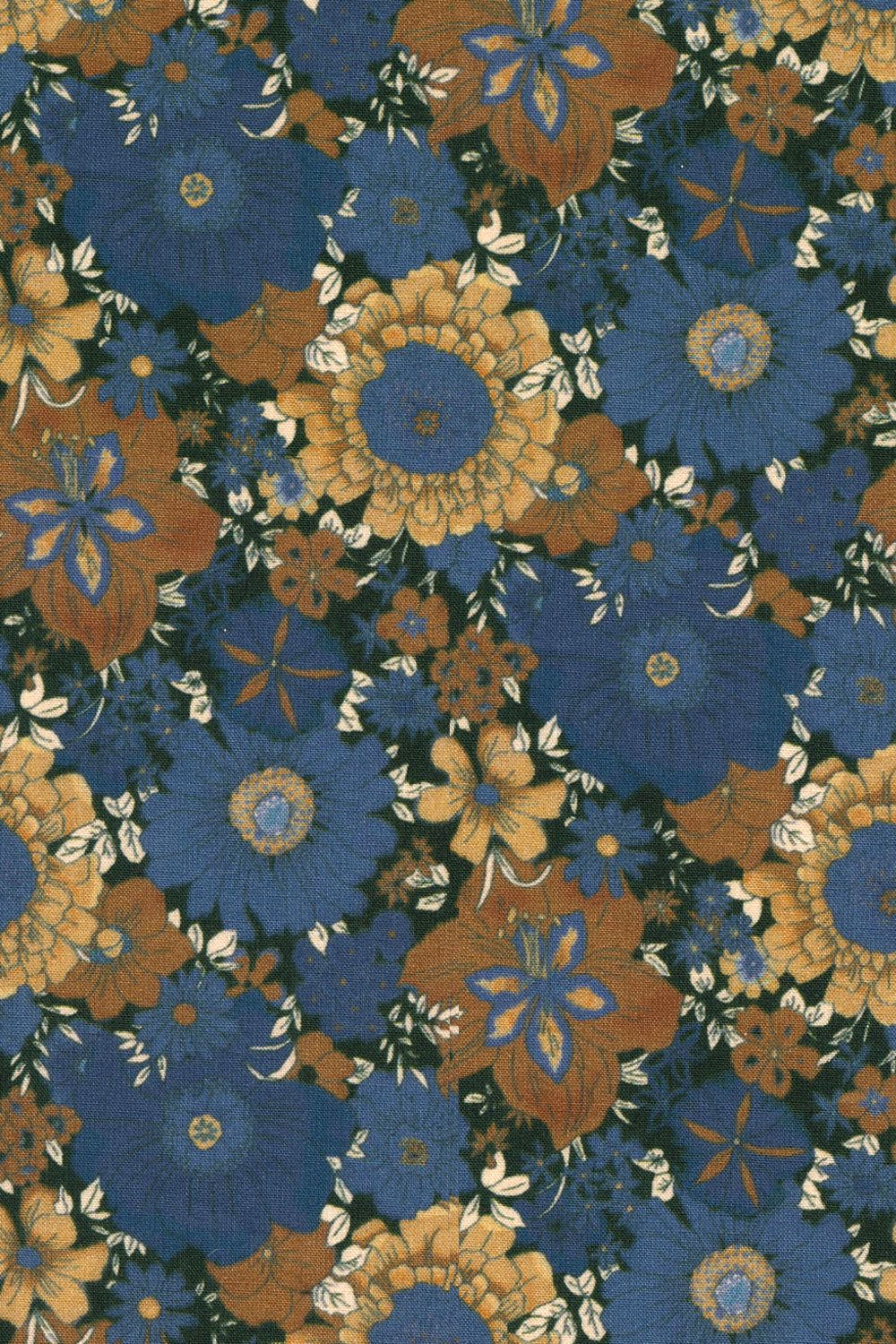 Italian Bold Floral Print Long Sleeve Sport Shirt in Blue, Bronze, and Mustard by Scott Barber