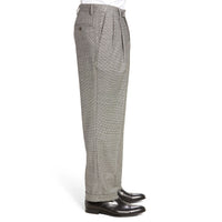 Stretch Wool Fancies Trouser in Black & White Houndstooth Check, Size 46 (Milan Double Reverse Pleat) by Berle