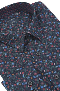 Navy, Sky, and Pink Mini Floral Print No-Iron Cotton Sport Shirt with Hidden Button Down Collar by Leo Chevalier