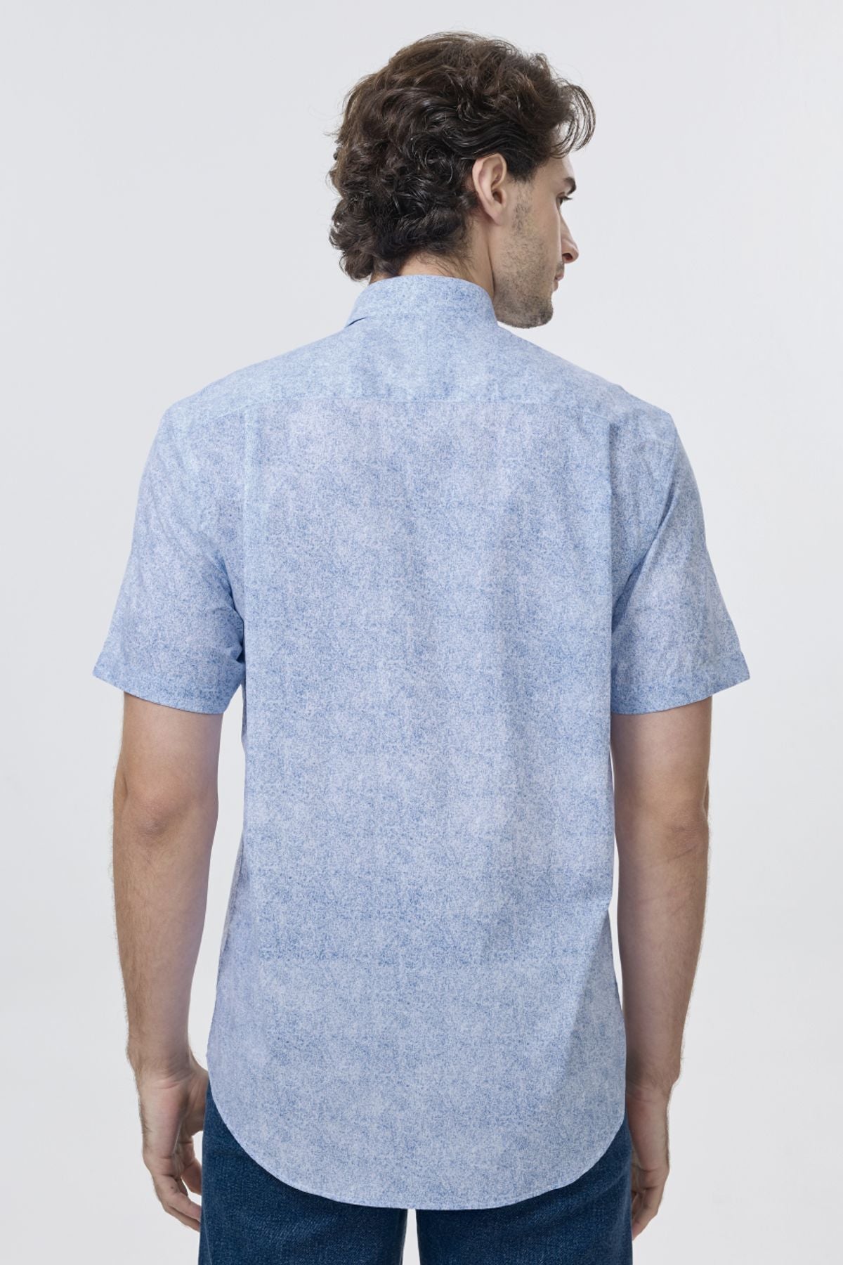 Light Blue and White Speckled Print Short Sleeve No-Iron Cotton Sport Shirt with Hidden Button Down Collar by Leo Chevalier
