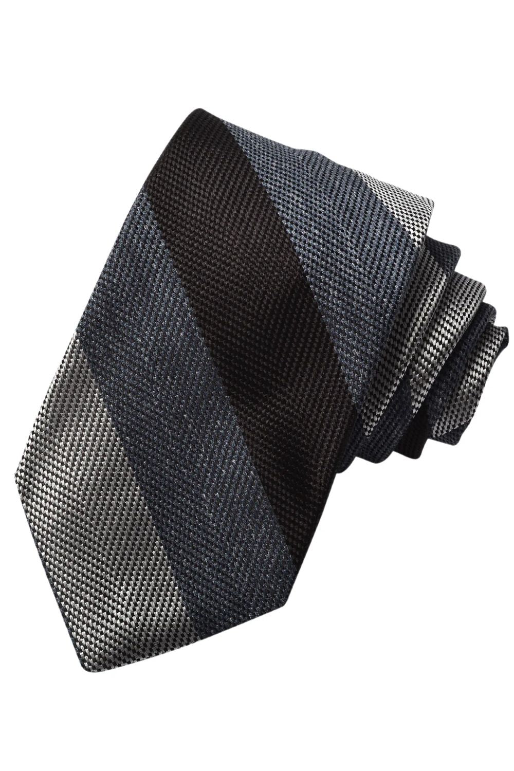 Black, Charcoal, and Silver Mélange Bold Stripe Italian Silk Woven Jacquard Tie by Dion Neckwear