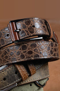 Tuscan Tinga Embossed Calfskin Leather Belt with Tabs in Cognac by Torino Leather