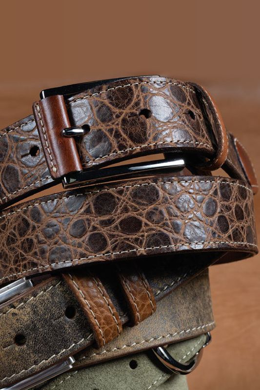 Tuscan Tinga Embossed Calfskin Leather Belt with Tabs in Cognac by Torino Leather