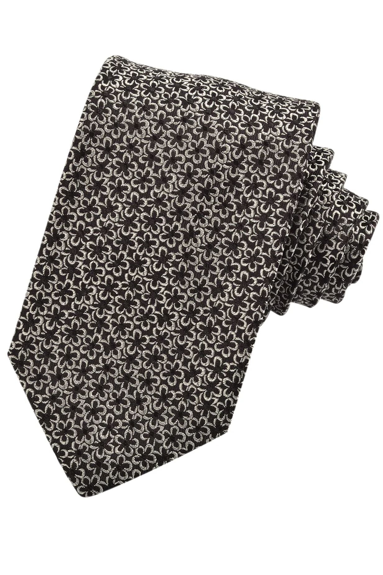 Black, Latte, and Onyx Bordered Mini Floral Woven Silk Jacquard Tie by Dion Neckwear