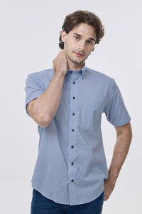 Blue and White Micro Geometric Print Short Sleeve No-Iron Cotton Sport Shirt with Hidden Button Down Collar by Leo Chevalier