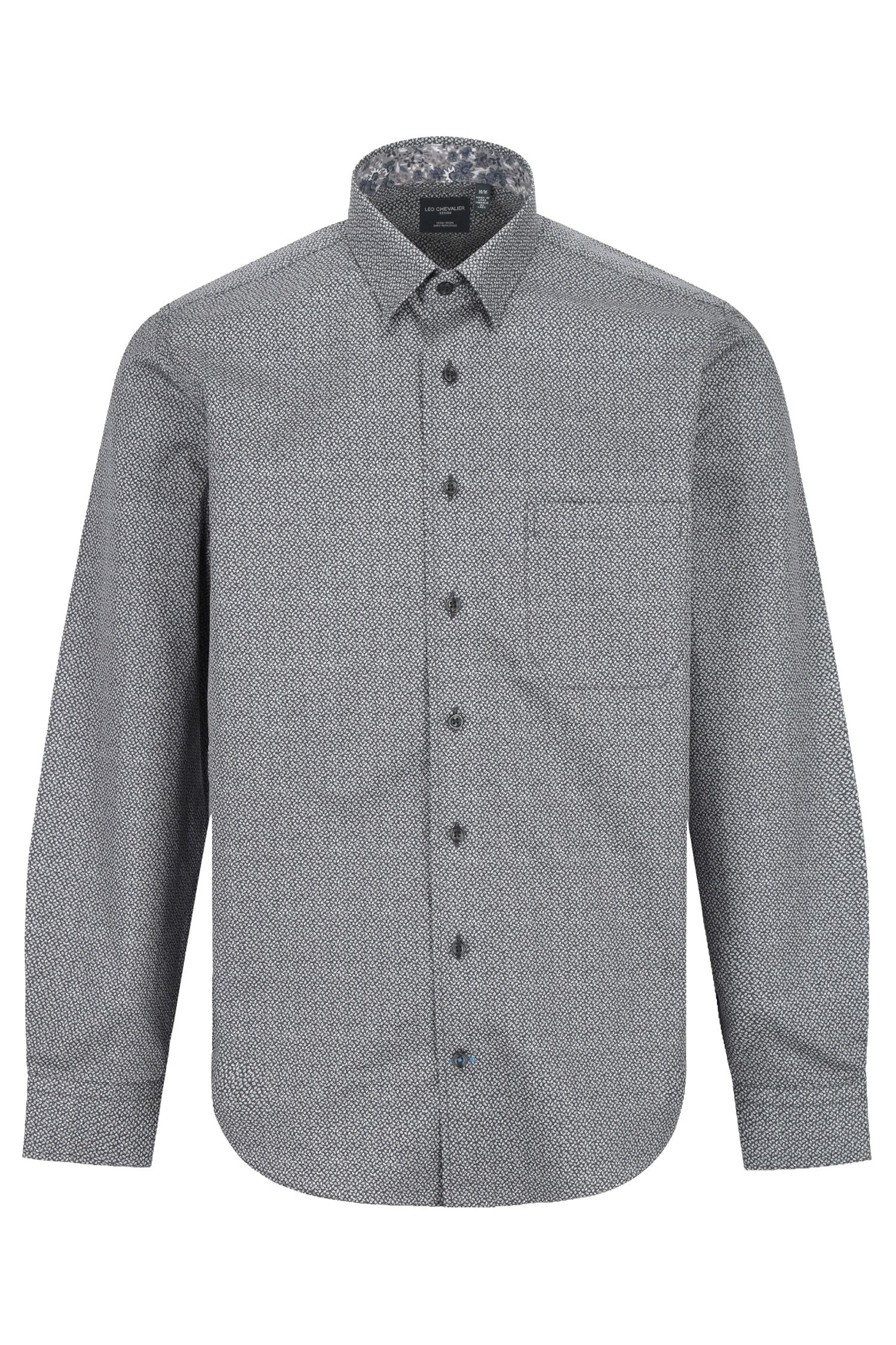 Grey Geometric Print Cotton Sport Shirt with Hidden Button Down Collar by Leo Chevalier