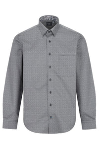 Grey Geometric Print Cotton Sport Shirt with Hidden Button Down Collar by Leo Chevalier