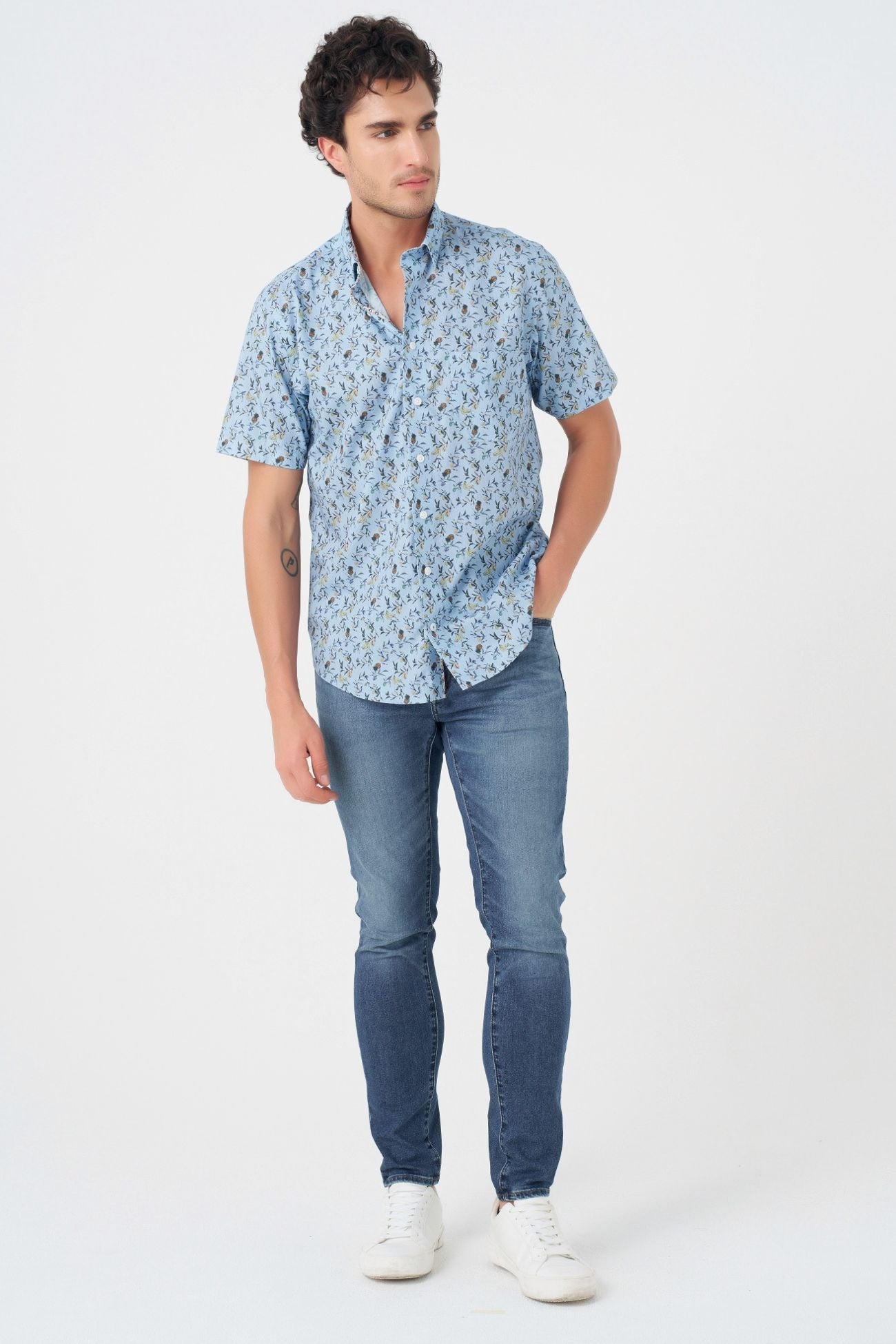 Light Blue Tropical Print Sleeve No-Iron Cotton Sport Shirt with Hidden Button Down Collar by Leo Chevalier