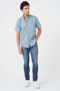 Light Blue Tropical Print Sleeve No-Iron Cotton Sport Shirt with Hidden Button Down Collar by Leo Chevalier