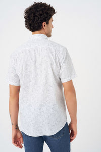Grey and White Abstract Print Short Sleeve No-Iron Cotton Sport Shirt with Hidden Button Down Collar by Leo Chevalier