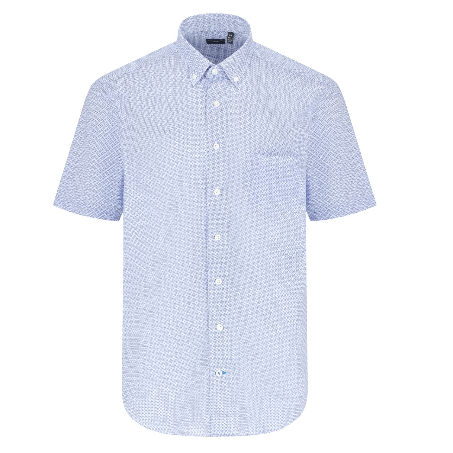 Blue Geometric Print Knit Short Sleeve Sport Shirt with Button Down Collar by Leo Chevalier