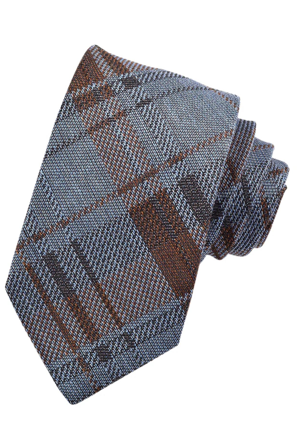 Ice Blue and Cognac Mélange Plaid Woven Silk, Cotton, and Wool Tie by Dion Neckwear