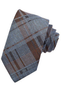 Ice Blue and Cognac Mélange Plaid Woven Silk, Cotton, and Wool Tie by Dion Neckwear