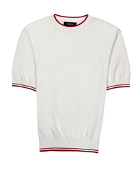 Giovanni 2 Crew Neck Silk and Cotton Tee in Off White with Red Trim by Deletto Italy