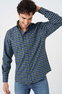 Navy, Green, and Grey Plaid Cotton Sport Shirt with Button Down Collar by Leo Chevalier