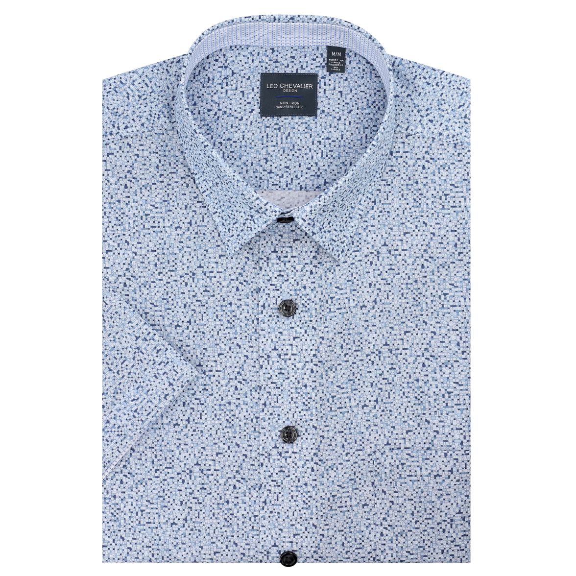 Sky Blue Geometric Print Short Sleeve No-Iron Cotton Sport Shirt with Hidden Button Down Collar by Leo Chevalier