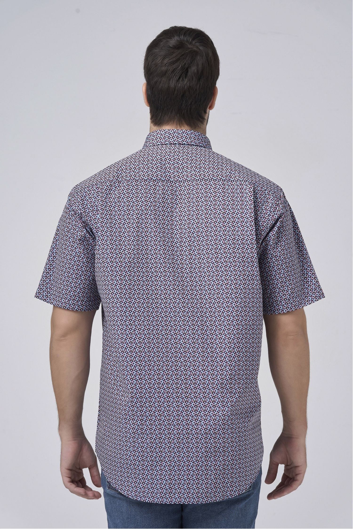 Black, Red, Rose, and Sky Print Short Sleeve No-Iron Cotton Sport Shirt with Hidden Button Down Collar by Leo Chevalier