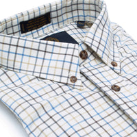 Brown, Blue, and Winter White Windowpane Check Cotton and Wool Blend Button-Down Shirt by Viyella