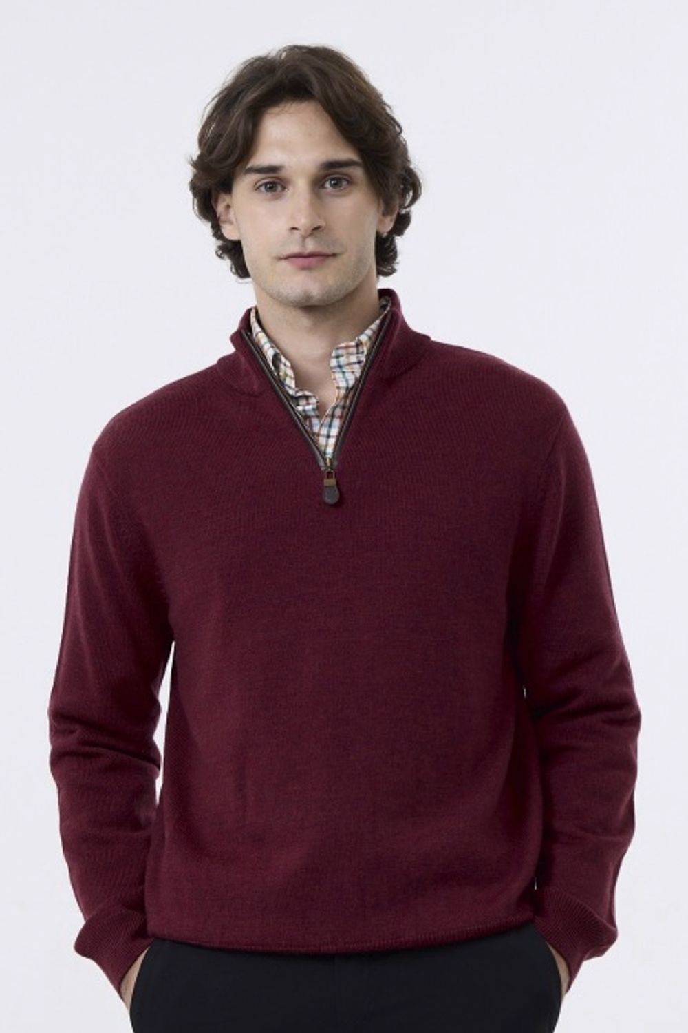 Extra Fine 'Zegna Baruffa' Merino Wool Quarter-Zip Sweater in Buch Red by Viyella