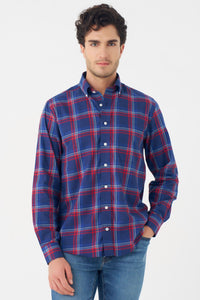 Navy and Red Plaid Cotton Sport Shirt with Button Down Collar by Leo Chevalier