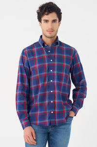 Navy and Red Plaid Cotton Sport Shirt with Button Down Collar by Leo Chevalier