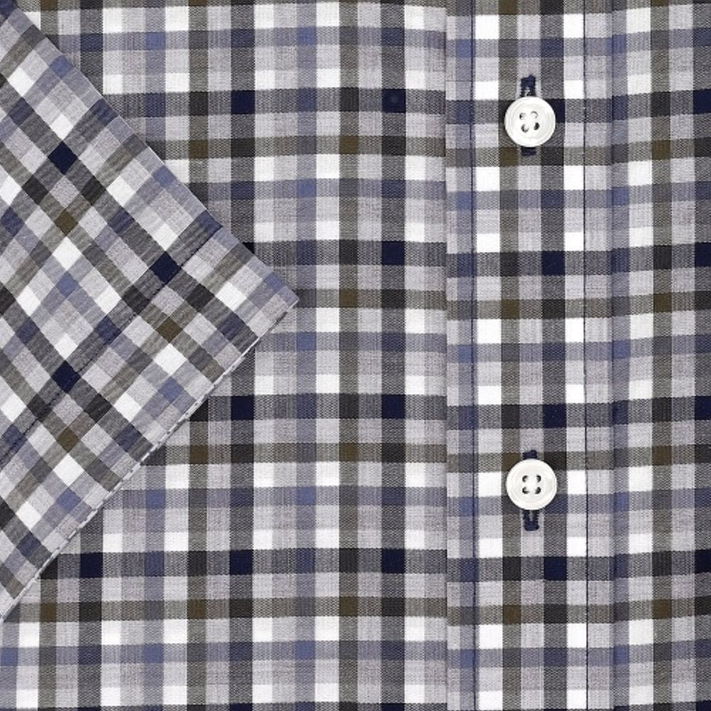 Moss, Navy, and Grey Plaid Short Sleeve No-Iron Cotton Sport Shirt with Button Down Collar by Leo Chevalier