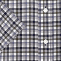 Moss, Navy, and Grey Plaid Short Sleeve No-Iron Cotton Sport Shirt with Button Down Collar (Size Large) by Leo Chevalier