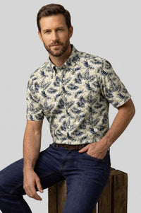 Tropical Leaf Stretch Cotton Short Sleeve Sport Shirt by Viyella