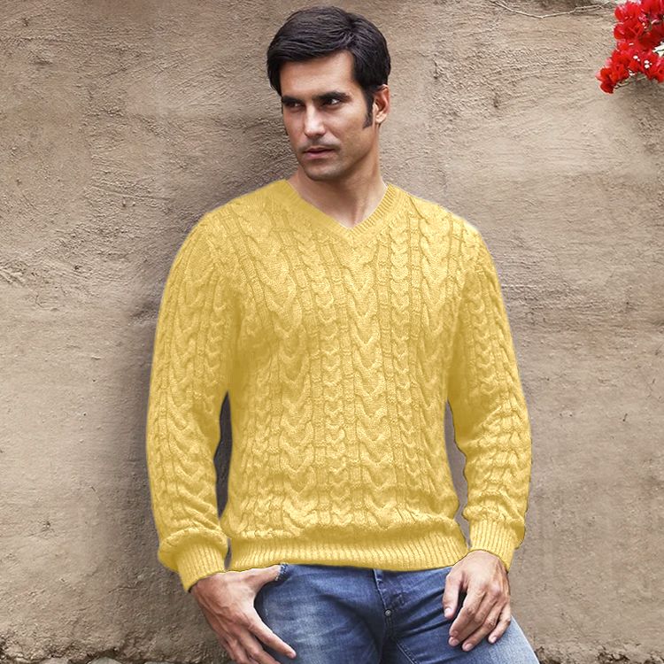 Baby Alpaca Cable Knit V-Neck Sweater (Choice of Colors) by Peru Unlimited