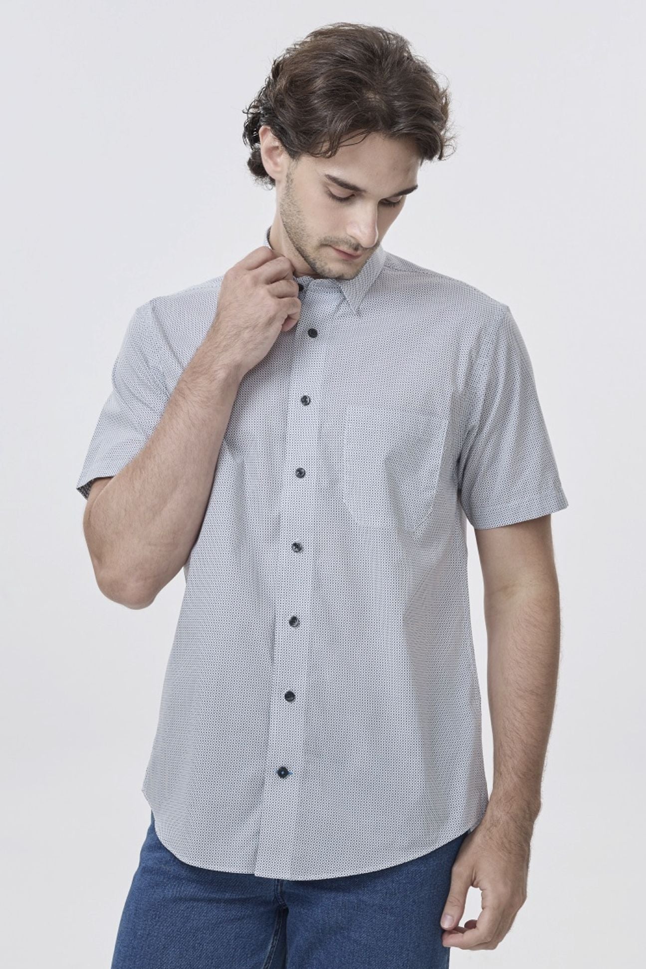 Multi Grey Mini Neat Geometric Short Sleeve No-Iron Cotton Sport Shirt with Hidden Button Down Collar by Leo Chevalier