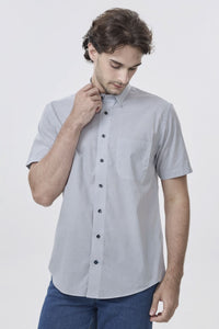 Multi Grey Mini Neat Geometric Short Sleeve No-Iron Cotton Sport Shirt with Hidden Button Down Collar by Leo Chevalier
