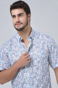 Pastel Mini Floral Print Short Sleeve No-Iron Cotton Sport Shirt with Hidden Button Down Collar by Leo Chevalier