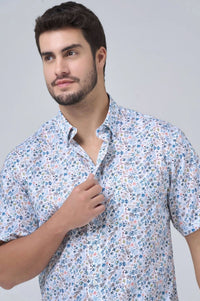 Pastel Mini Floral Print Short Sleeve No-Iron Cotton Sport Shirt with Hidden Button Down Collar by Leo Chevalier