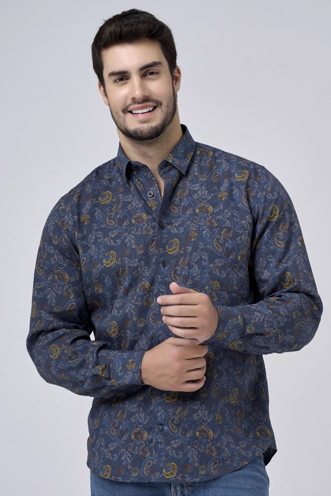 Navy and Gold Floral Paisley Print No-Iron Cotton Sport Shirt with Hid