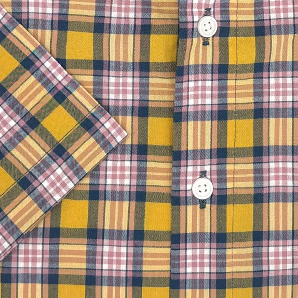 Yellow, Navy, and Pink Plaid Short Sleeve Stretch Cotton Sport Shirt by Viyella