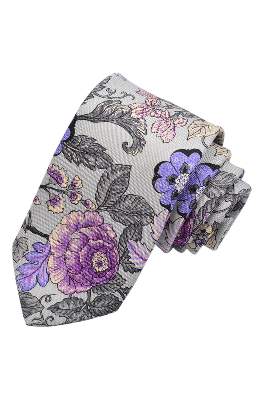 Silver-Grey, Lilac, and Indigo Floral Fantasy Silk Printed Panama Tie by Dion Neckwear