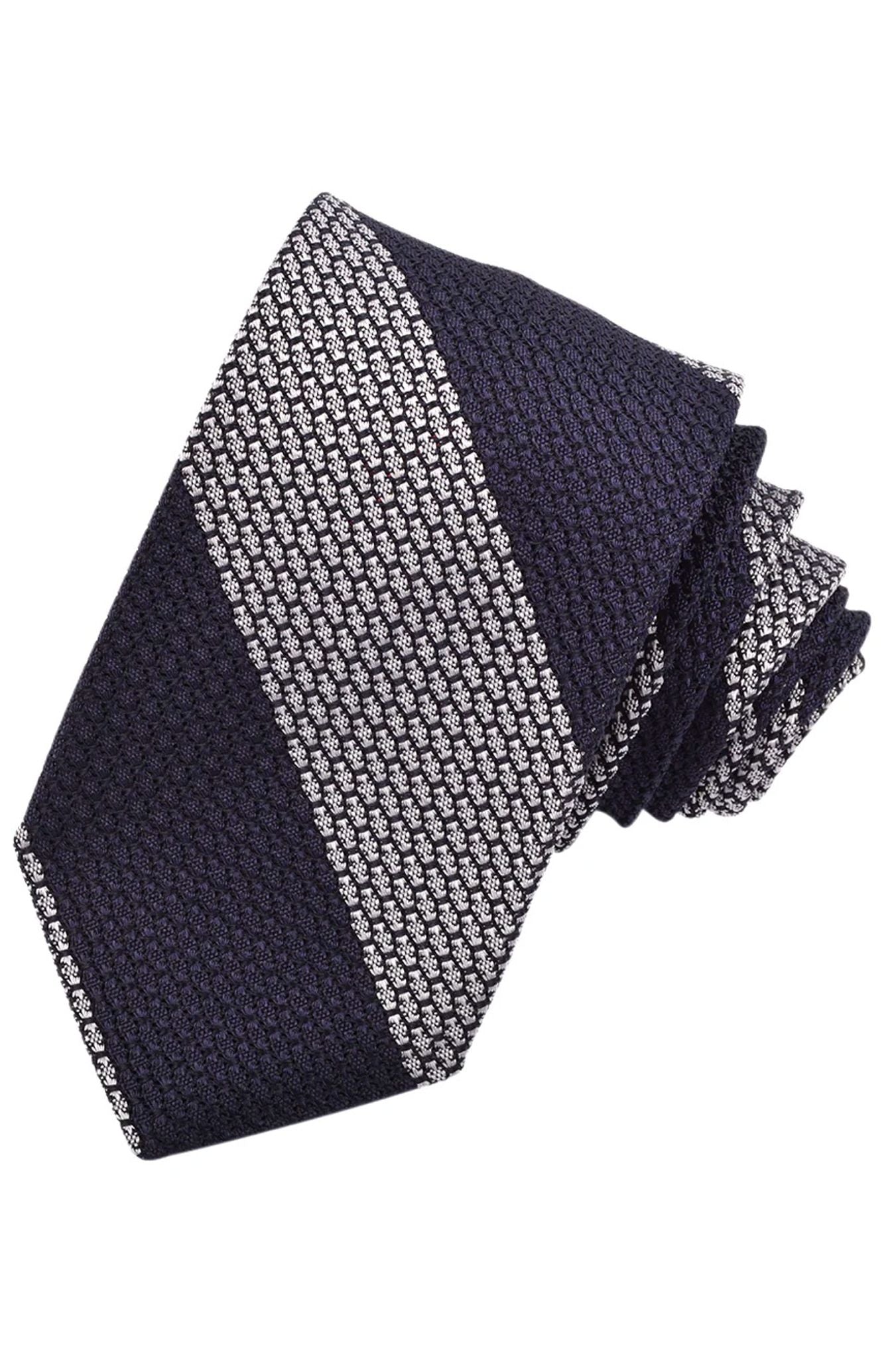 Silver Grey and Navy Wide Bar Stripe Italian Garza Grossa Grenadine Silk Tie by Dion Neckwear