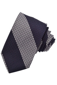 Silver Grey and Navy Wide Bar Stripe Italian Garza Grossa Grenadine Silk Tie by Dion Neckwear
