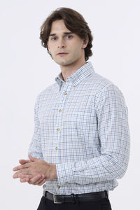 Summer Weight Blue Tattersall Cotton and Wool Blend Button-Down Shirt by Viyella