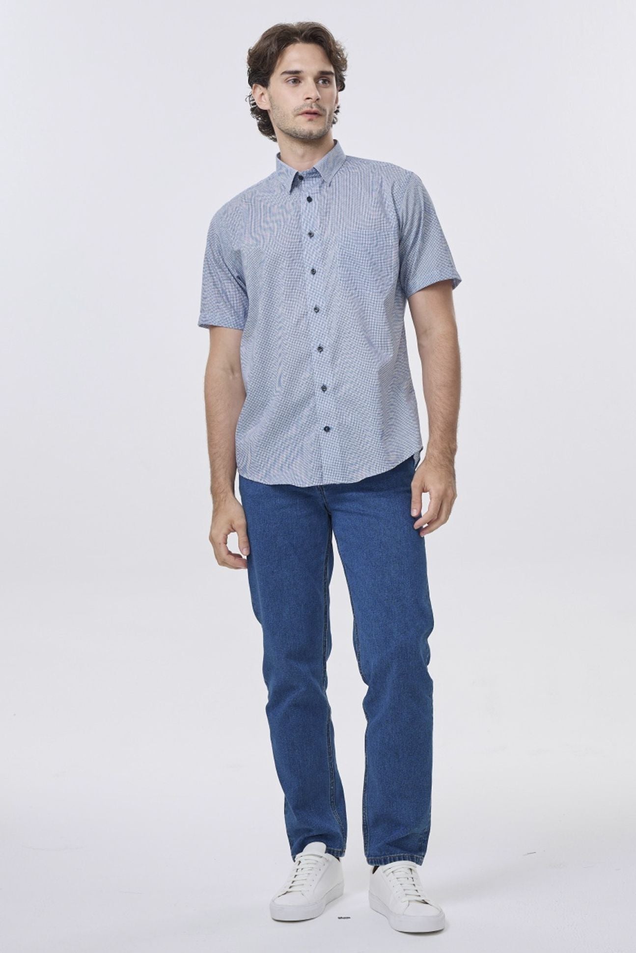 Blue and White Neat Grid Short Sleeve No-Iron Cotton Sport Shirt with Hidden Button Down Collar by Leo Chevalier