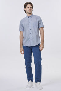 Blue and White Neat Grid Short Sleeve No-Iron Cotton Sport Shirt with Hidden Button Down Collar by Leo Chevalier